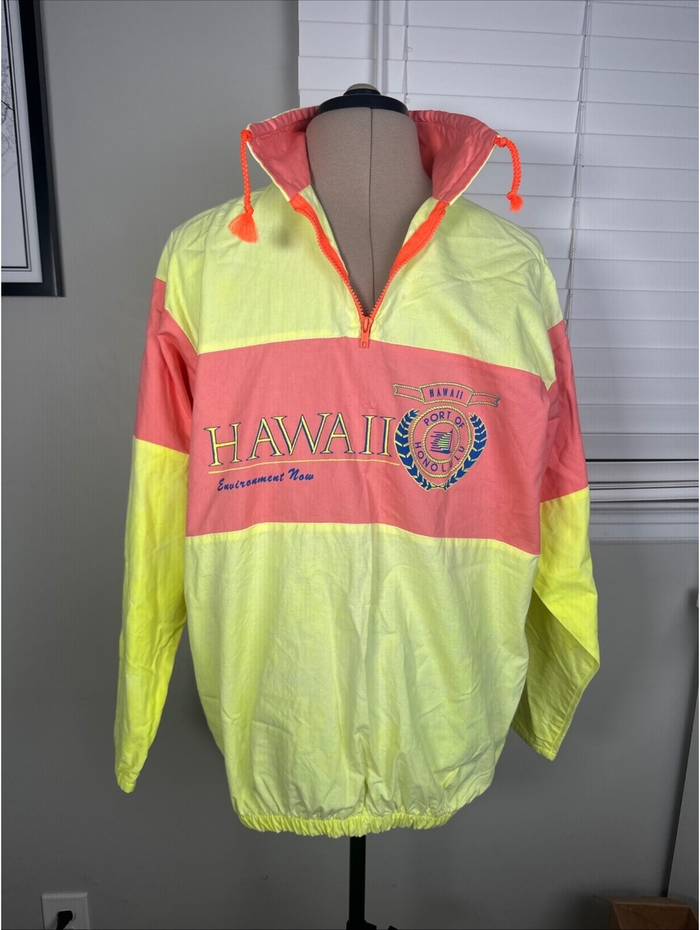 Vtg Hawaii Windbreaker Jacket Neon Yellow Faded Made n USA L